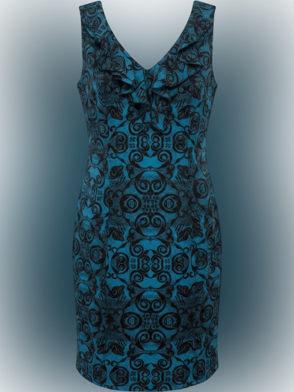 Marc New York Teal and Black Ruffled V-Neck Midi Dress